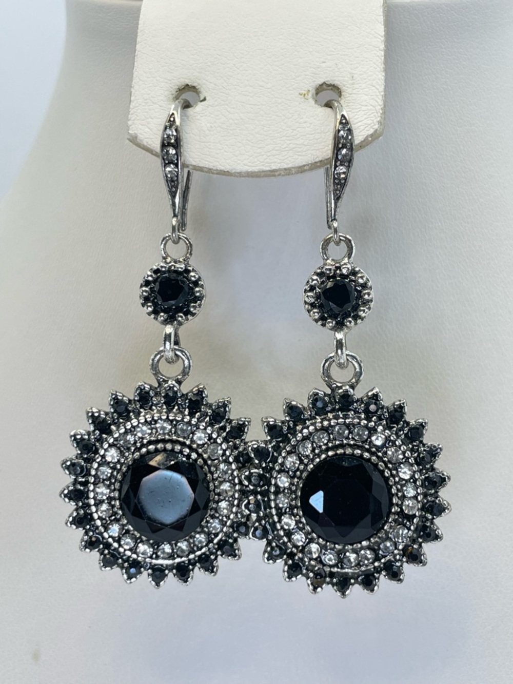 Black Crystal Sunburst Dangle Earrings Silver Tone Vintage Style